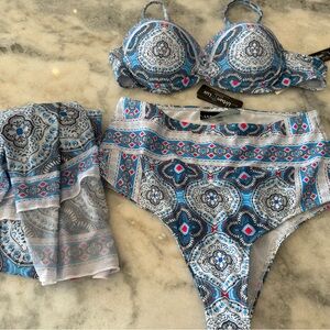 Blue and Gray Geometric Bikini 3 piece